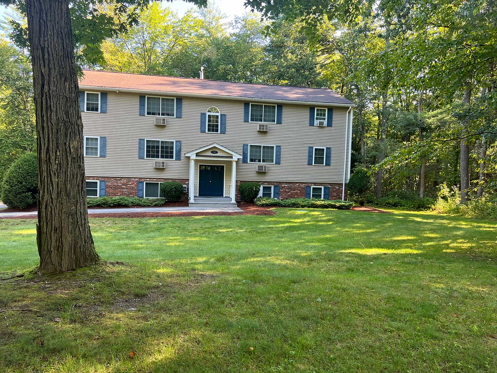 Building with green grass and woods behind it